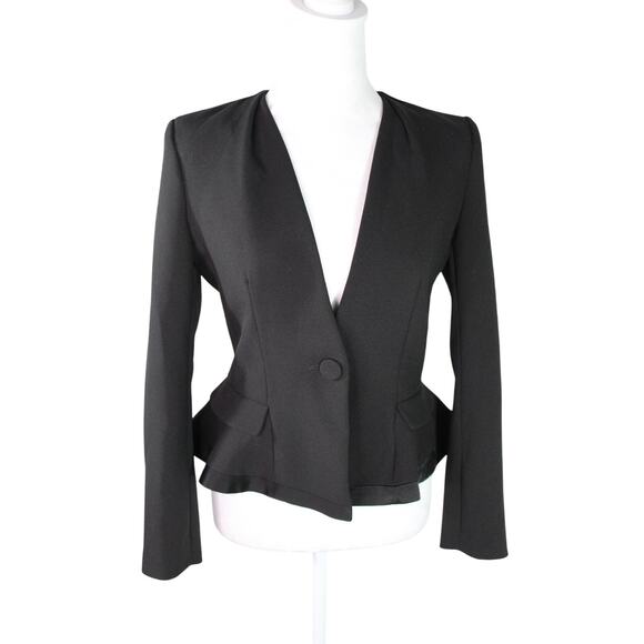 Claudie Pierlot Paris Cropped One Button Blazer Black Satin Ruffle Trim Poplin S - Picture 1 of 11